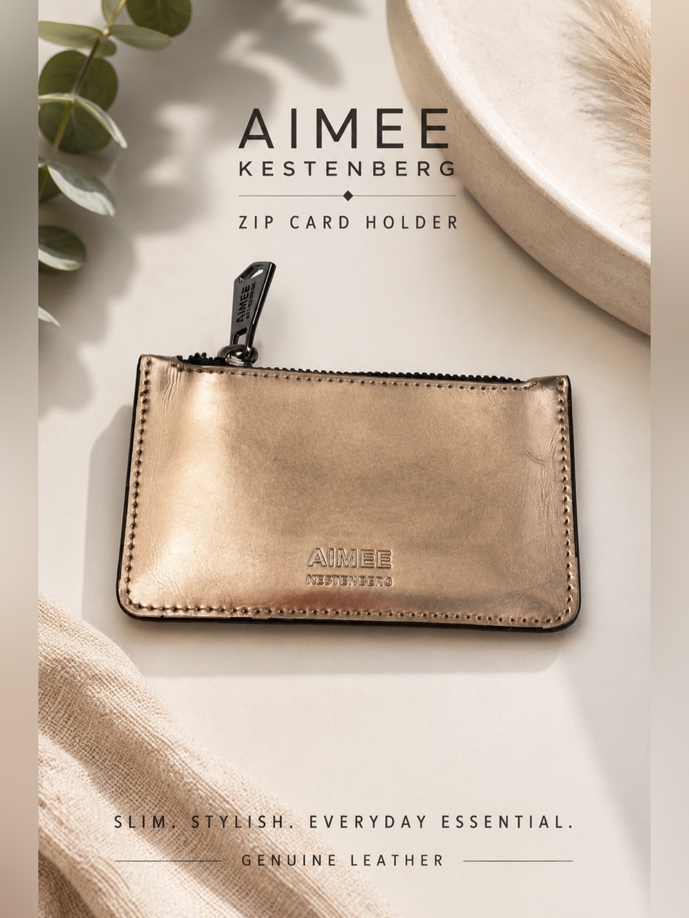 Aimee Kestenberg Metallic Leather Zip Card Holder Wallet Champagne Rose Gold